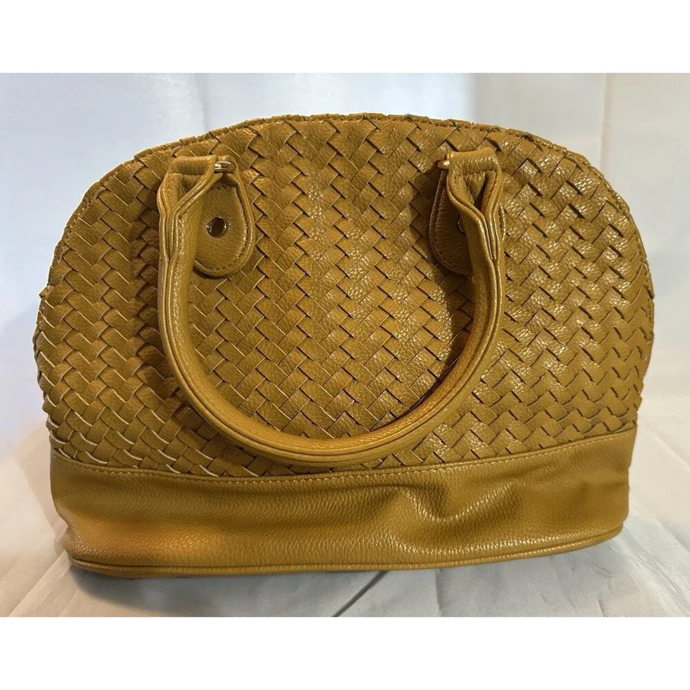 Neiman Marcus Woven Leather Satchel Tan Mustard Shoulder Bag Boho Chic